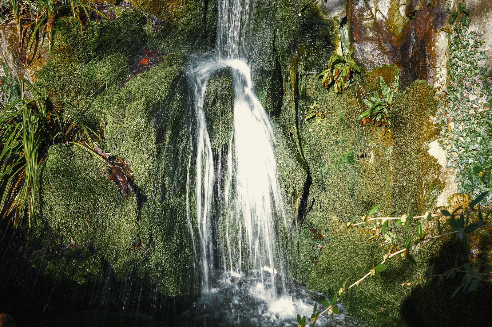 Wasserfall, der über bemooste Felsen in ein Becken fällt